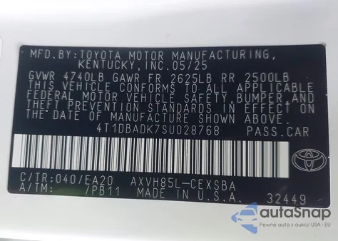 2025 Toyota Camry Se z USA, uszkodzony, nr VIN 4T1DBADK7SU028768